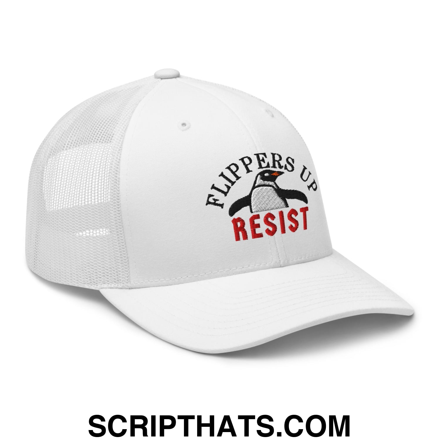 Flippers Up Resist Penguin Embroidered Mesh Trucker Hat White