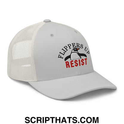Flippers Up Resist Penguin Embroidered Mesh Trucker Hat Silver