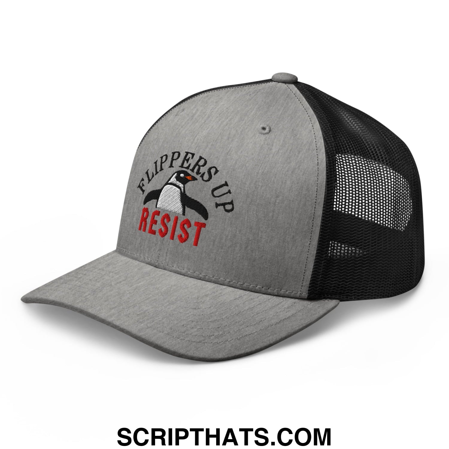 Flippers Up Resist Penguin Embroidered Mesh Trucker Hat Heather Black