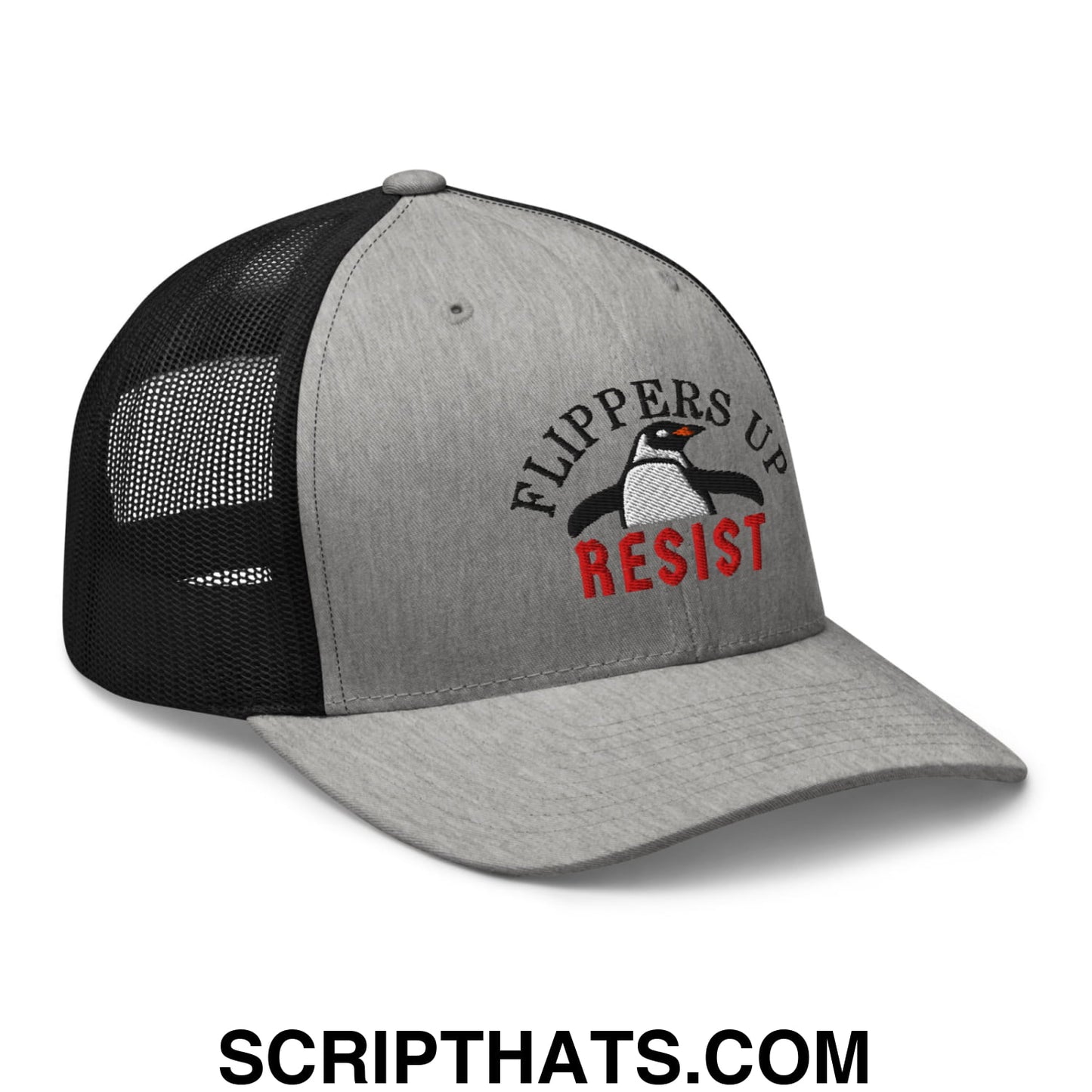 Flippers Up Resist Penguin Embroidered Mesh Trucker Hat Heather Black