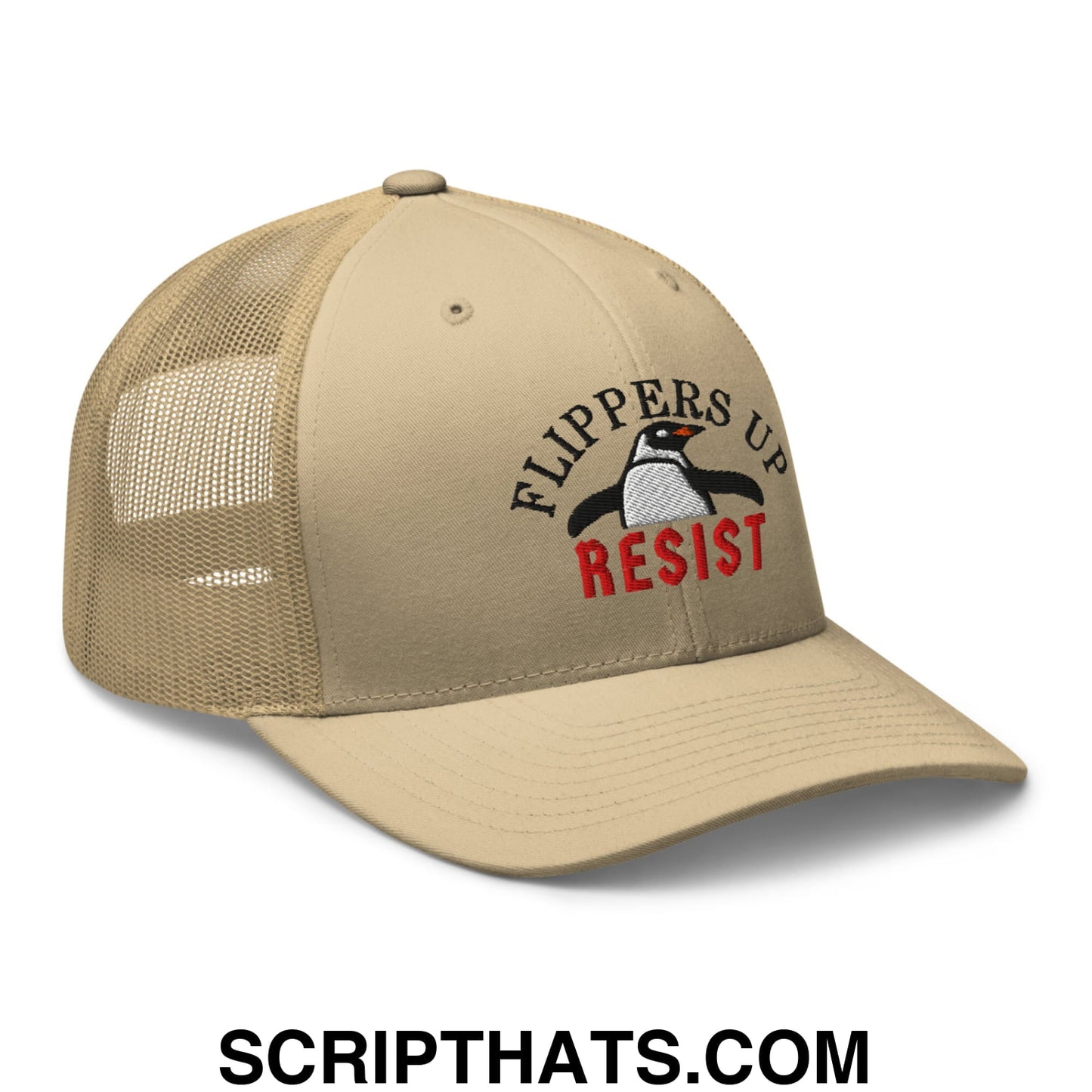 Flippers Up Resist Penguin Embroidered Mesh Trucker Hat Khaki