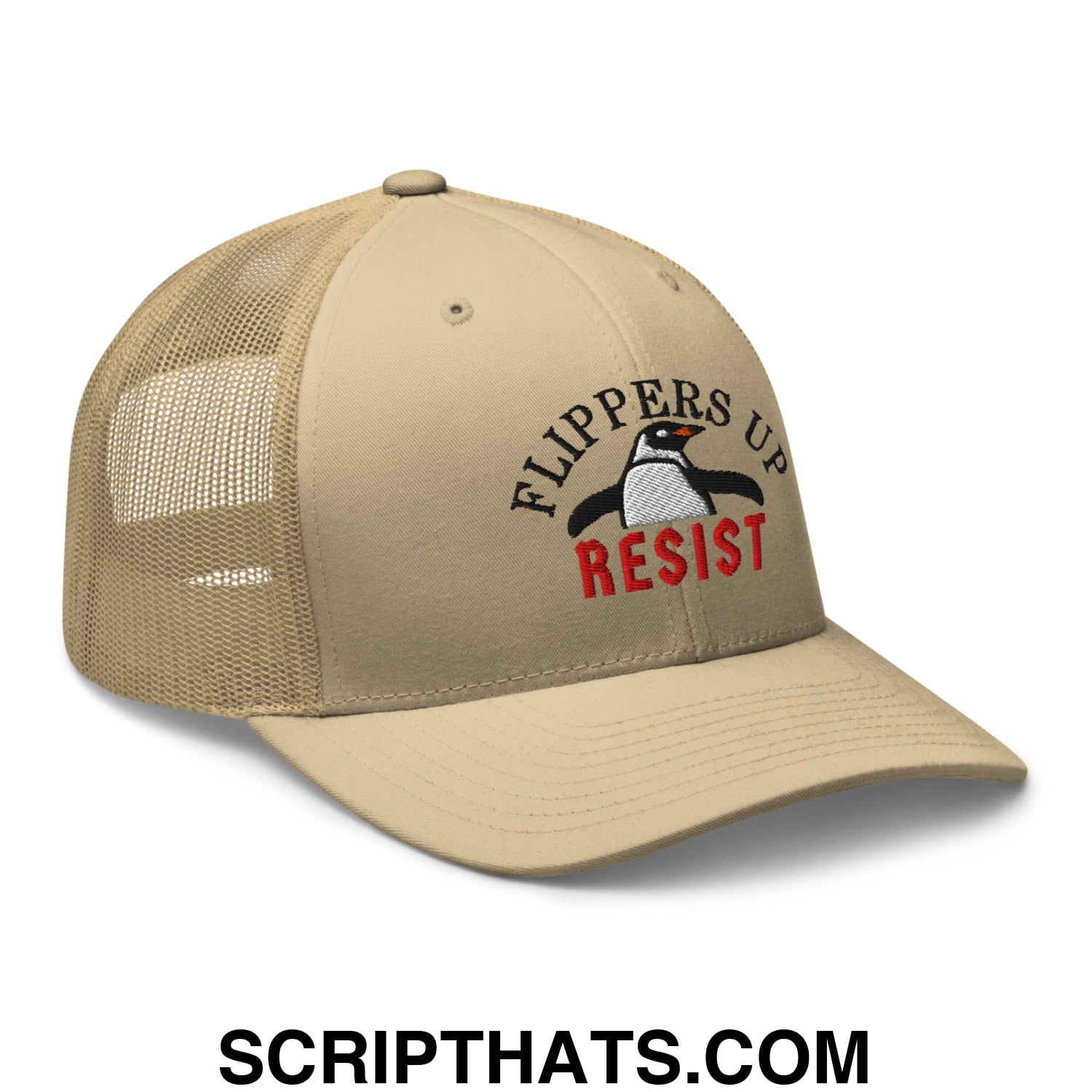 Flippers Up Resist Penguin Embroidered Mesh Trucker Hat Khaki