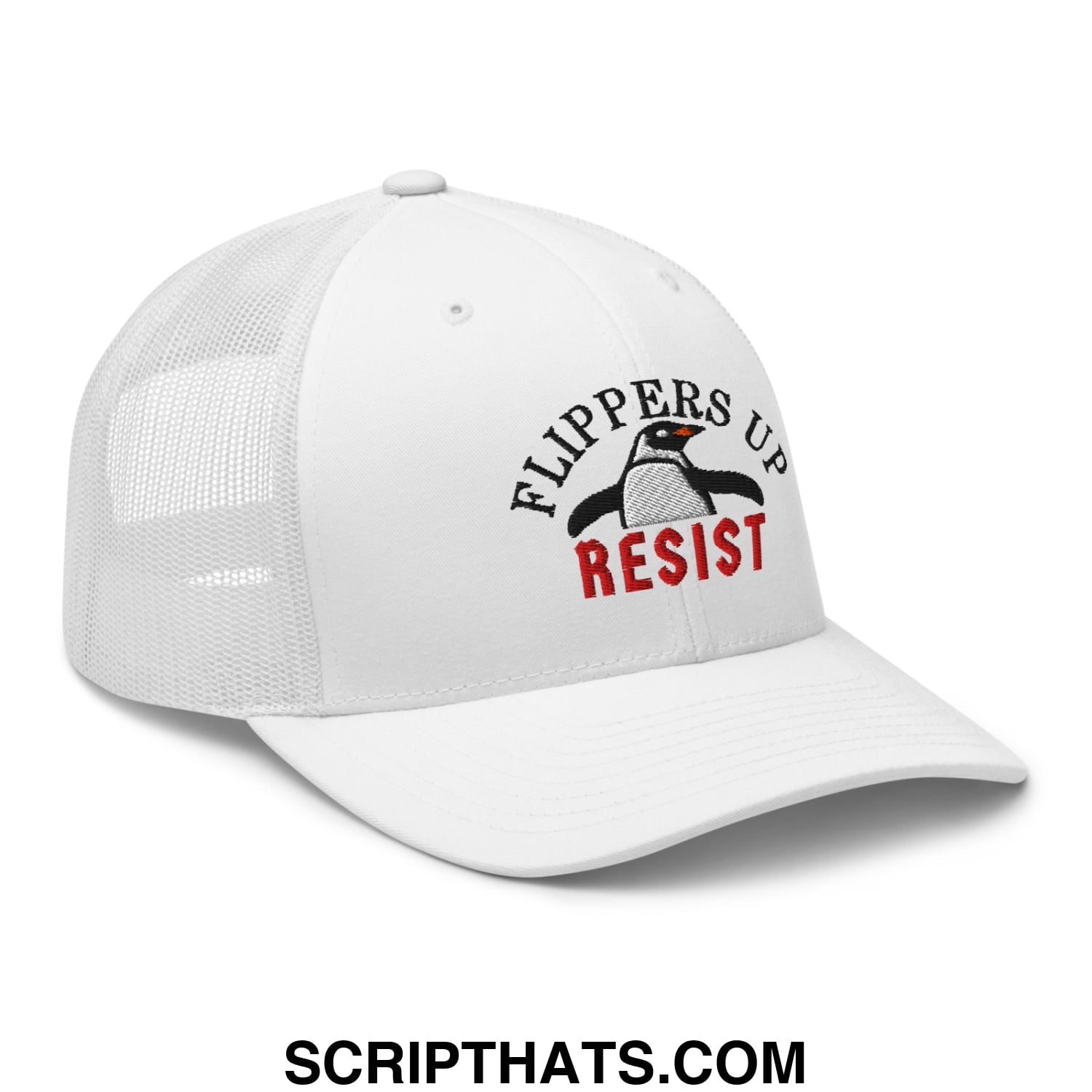 Flippers Up Resist Penguin Embroidered Mesh Trucker Hat White