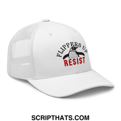Flippers Up Resist Penguin Embroidered Mesh Trucker Hat White