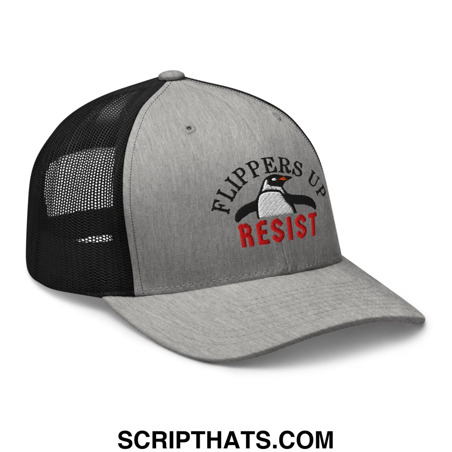 Flippers Up Resist Penguin Embroidered Mesh Trucker Hat Heather Black