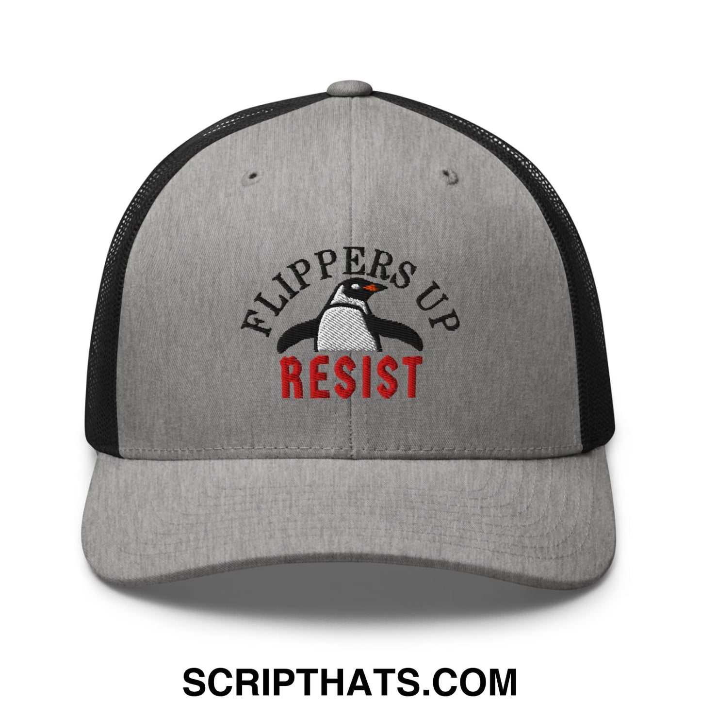 Flippers Up Resist Penguin Embroidered Mesh Trucker Hat Heather Black