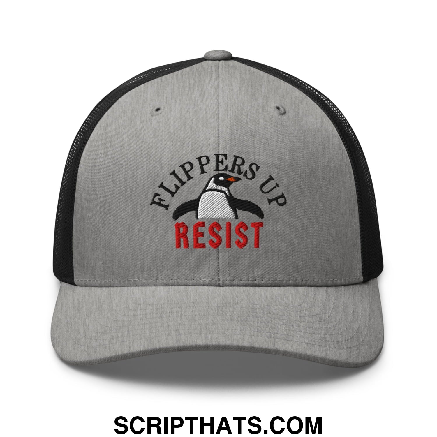 Flippers Up Resist Penguin Embroidered Mesh Trucker Hat Heather Black