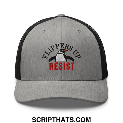 Flippers Up Resist Penguin Embroidered Mesh Trucker Hat Heather Black