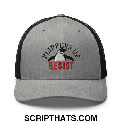 Flippers Up Resist Penguin Embroidered Mesh Trucker Hat Heather Black