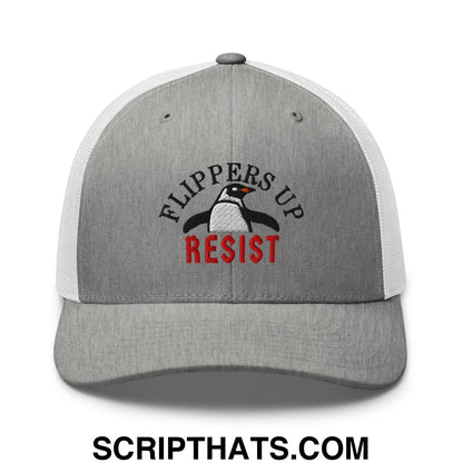Flippers Up Resist Penguin Embroidered Mesh Trucker Hat Heather Grey White