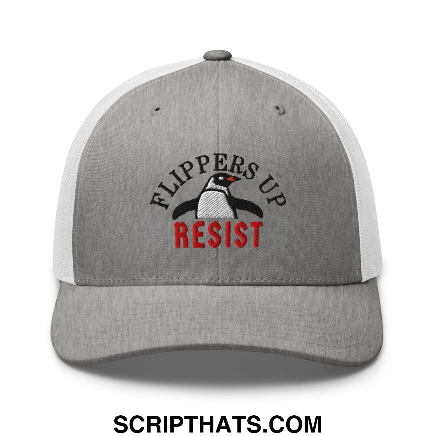 Flippers Up Resist Penguin Embroidered Mesh Trucker Hat Heather Grey White
