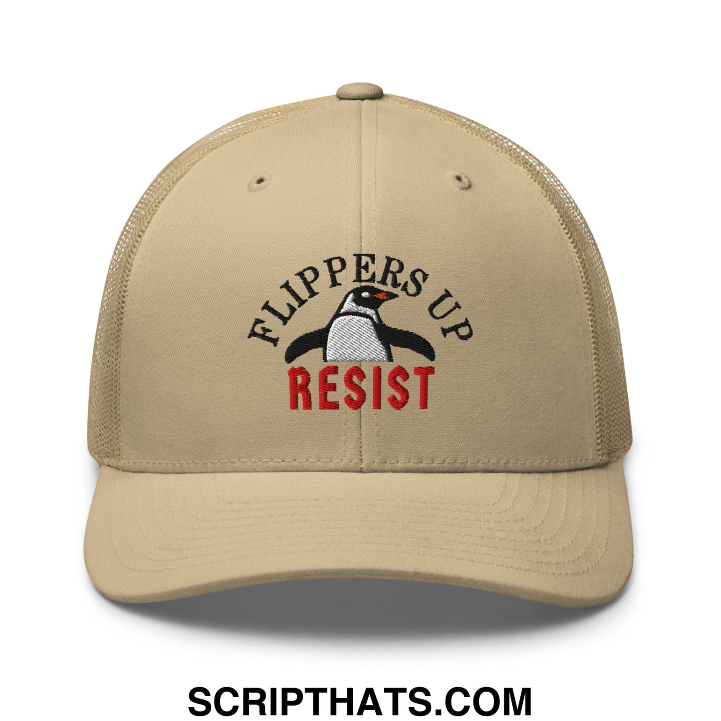 Flippers Up Resist Penguin Embroidered Mesh Trucker Hat Khaki