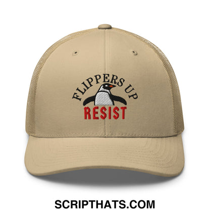 Flippers Up Resist Penguin Embroidered Mesh Trucker Hat Khaki