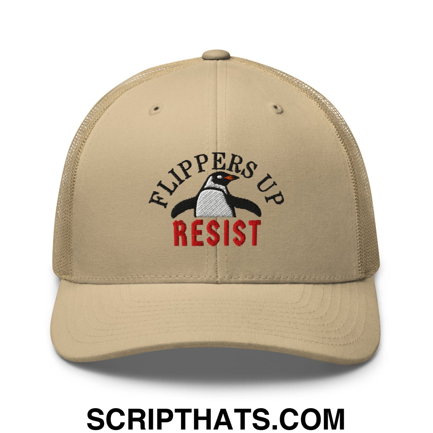 Flippers Up Resist Penguin Embroidered Mesh Trucker Hat Khaki
