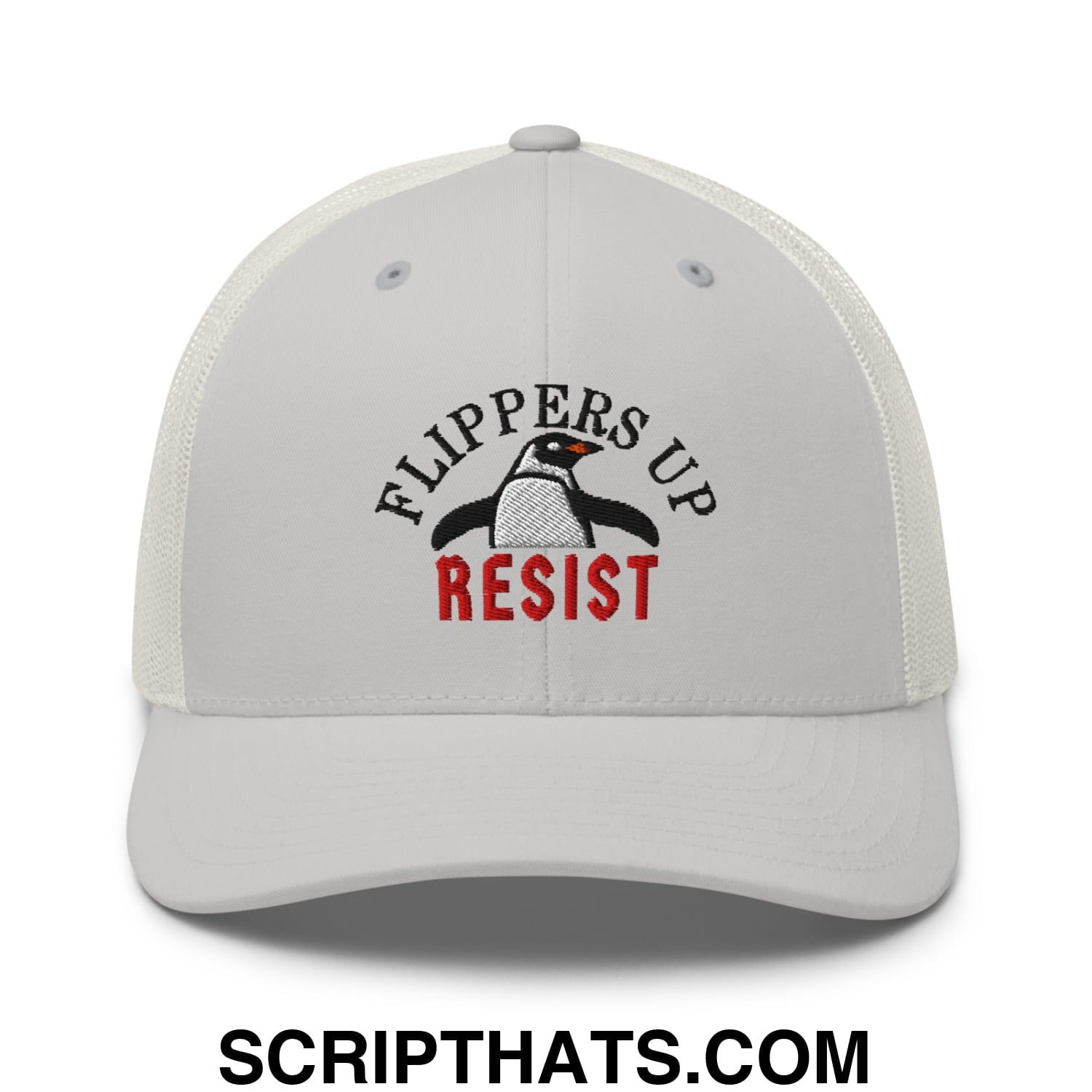 Flippers Up Resist Penguin Embroidered Mesh Trucker Hat Silver