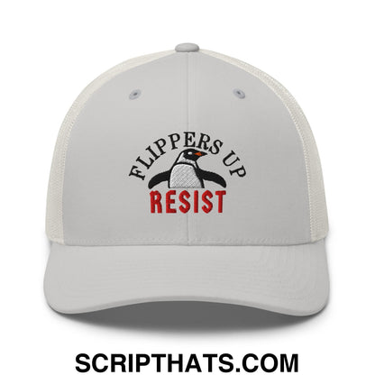 Flippers Up Resist Penguin Embroidered Mesh Trucker Hat Silver
