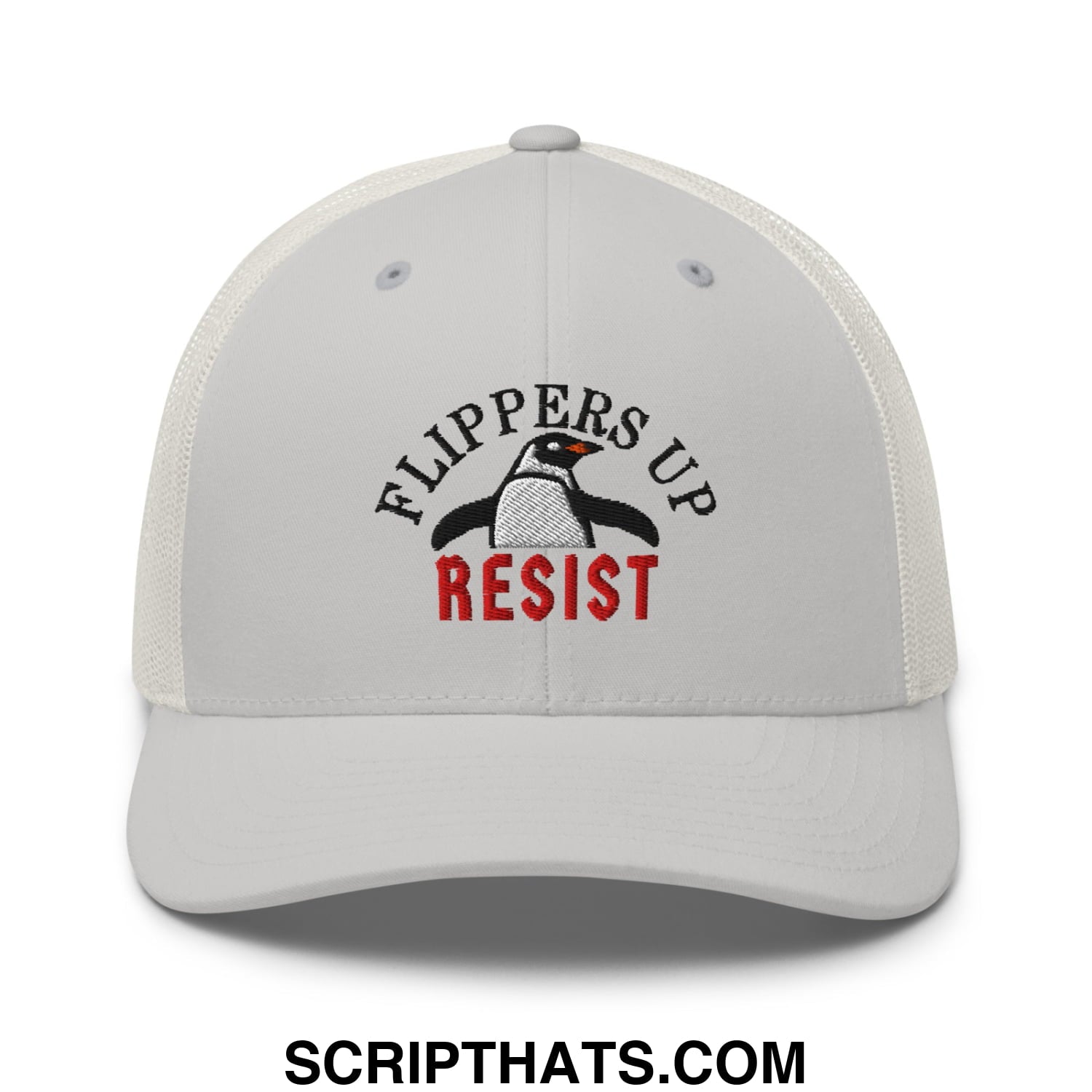 Flippers Up Resist Penguin Embroidered Mesh Trucker Hat Silver
