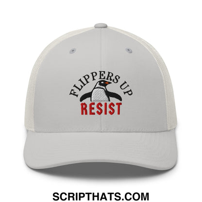 Flippers Up Resist Penguin Embroidered Mesh Trucker Hat Silver