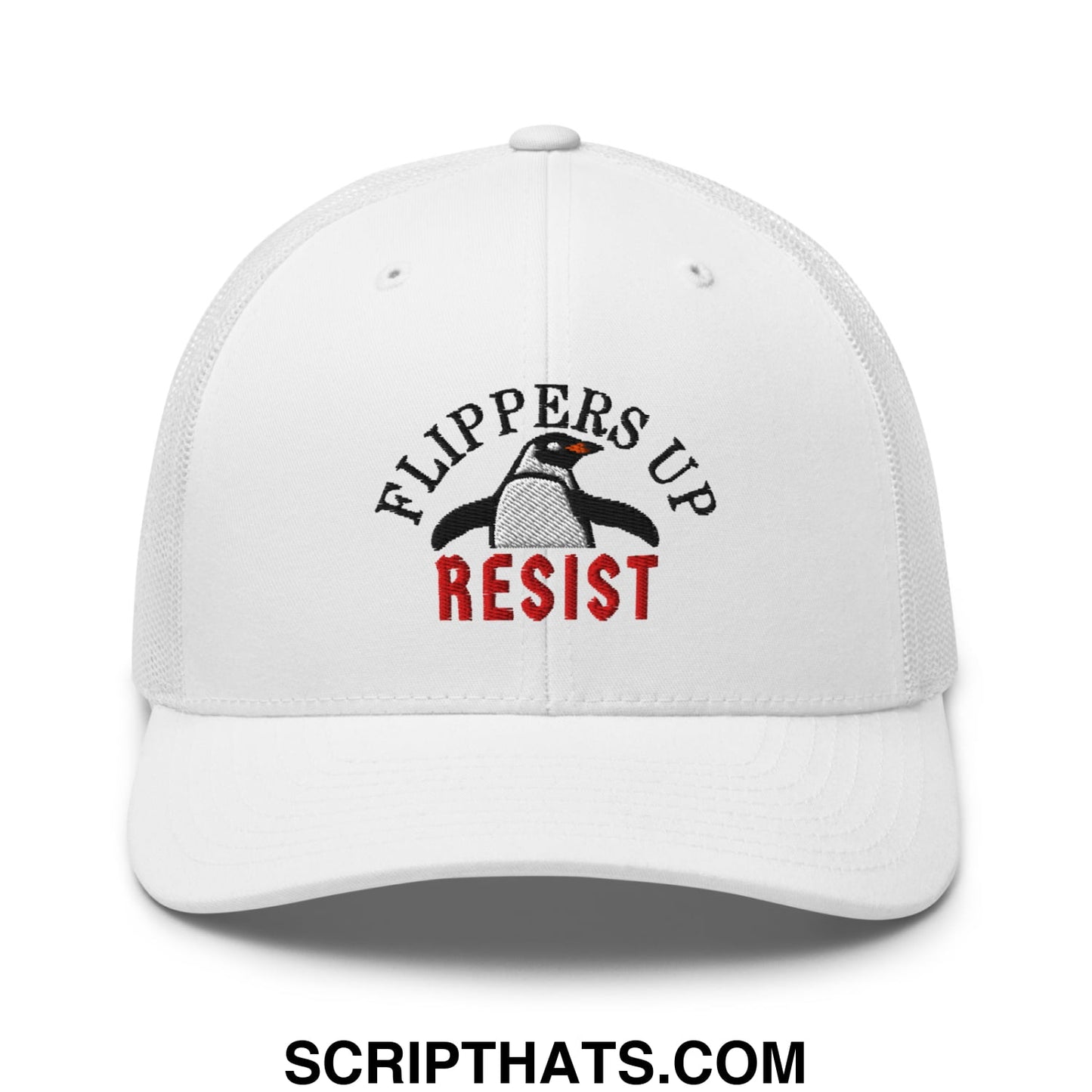 Flippers Up Resist Penguin Embroidered Mesh Trucker Hat White
