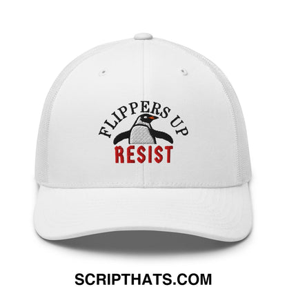 Flippers Up Resist Penguin Embroidered Mesh Trucker Hat White