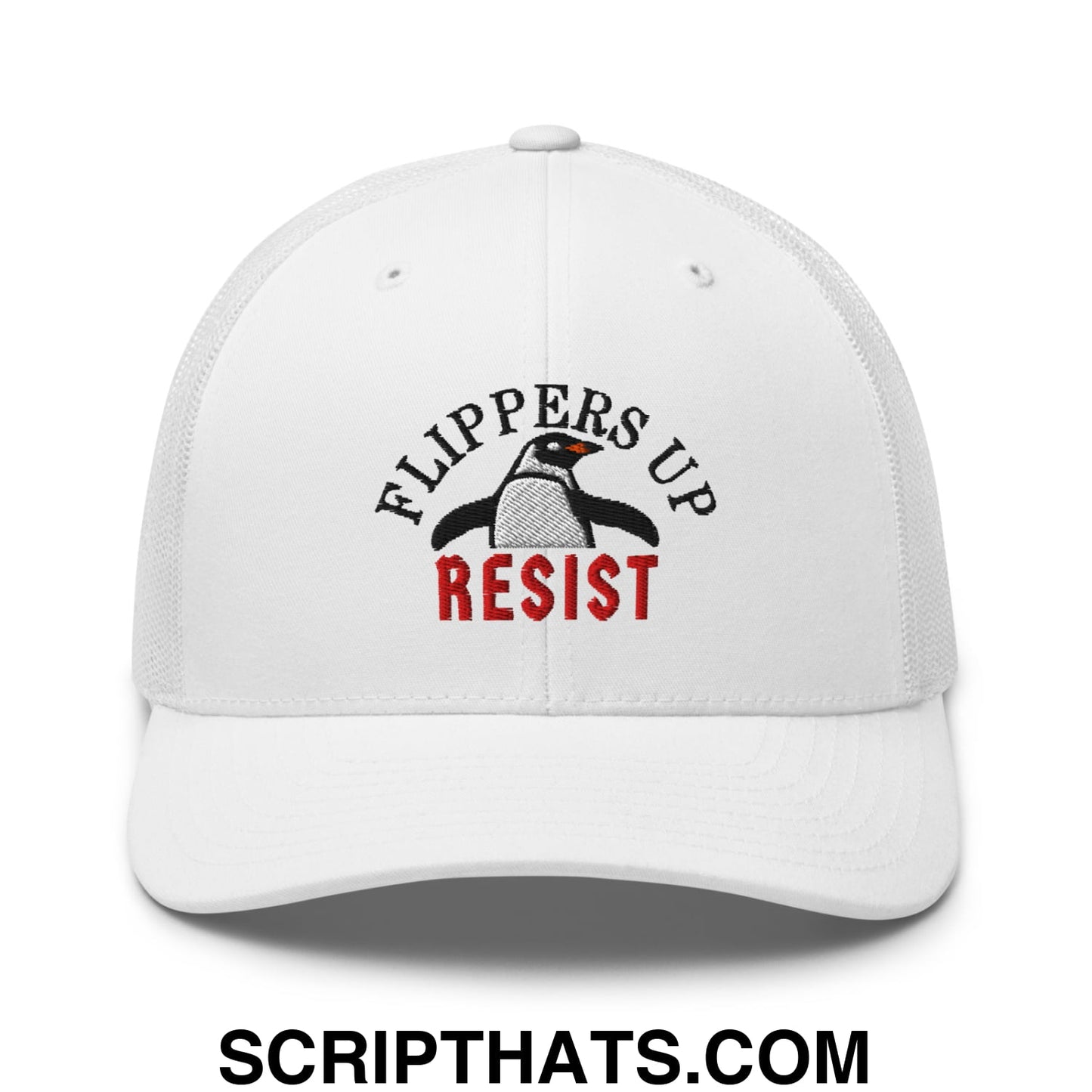 Flippers Up Resist Penguin Embroidered Mesh Trucker Hat White