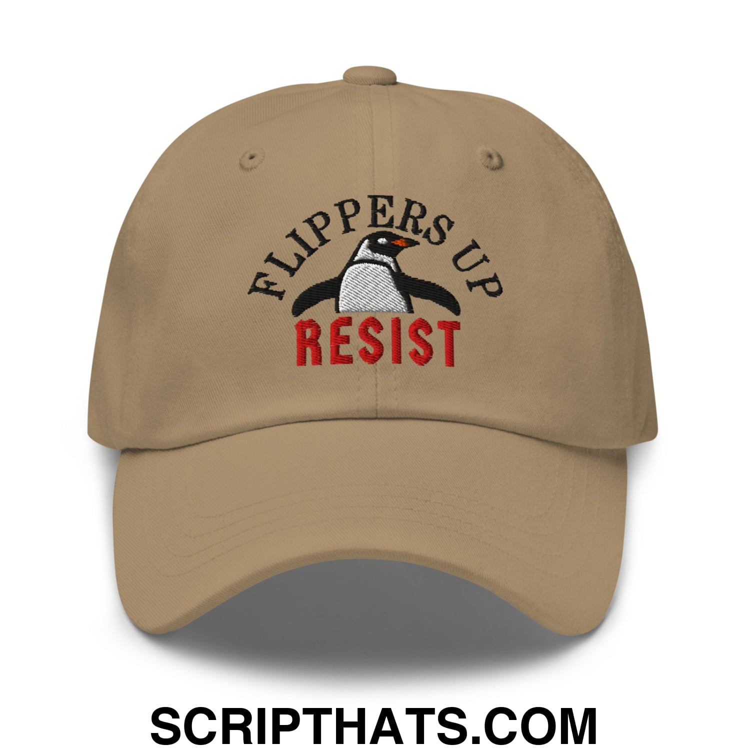 Flippers Up Resist Penguin Embroidered Unstructured Dad Hat Khaki