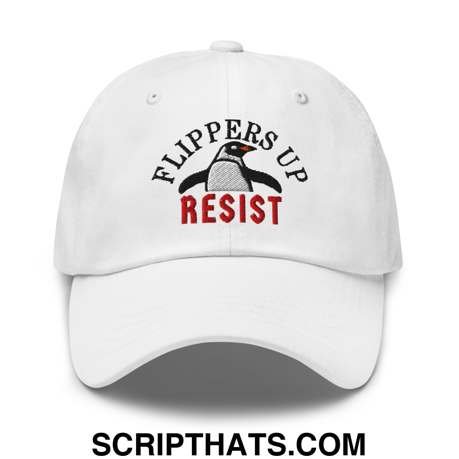 Flippers Up Resist Penguin Embroidered Unstructured Dad Hat White