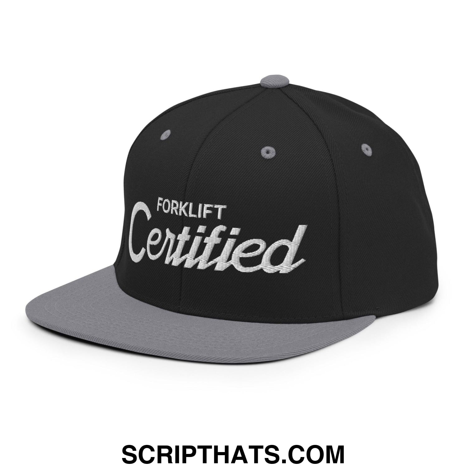 Forklift Certified Vintage Sports Script Embroidered Flat Bill Brim Snapback Hat Black Silver