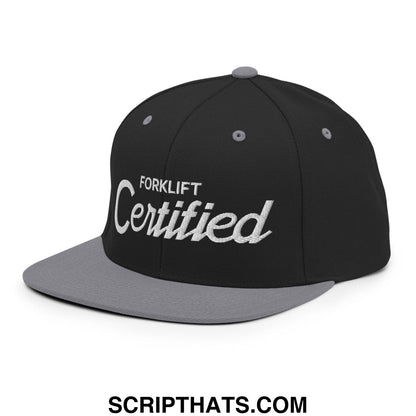 Forklift Certified Vintage Sports Script Embroidered Flat Bill Brim Snapback Hat Black Silver