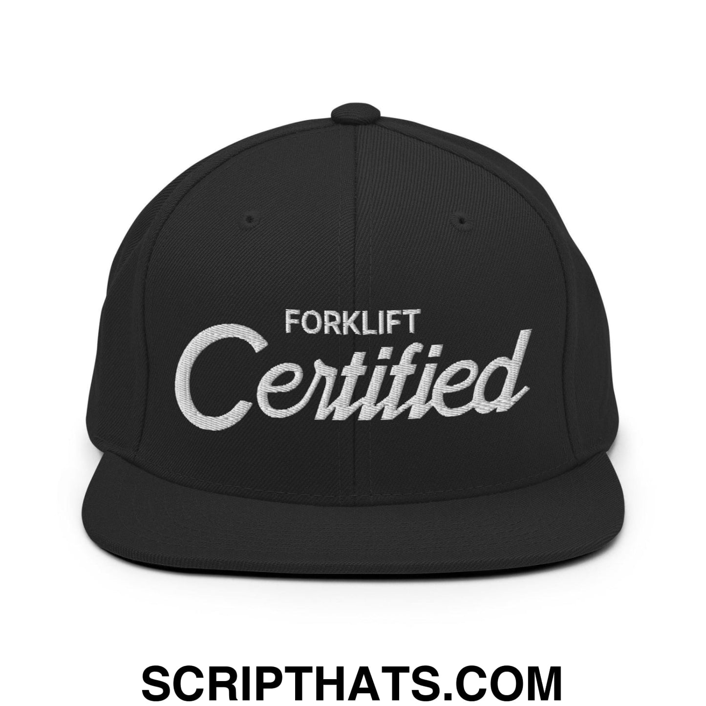 Forklift Certified Vintage Sports Script Embroidered Flat Bill Brim Snapback Hat Black
