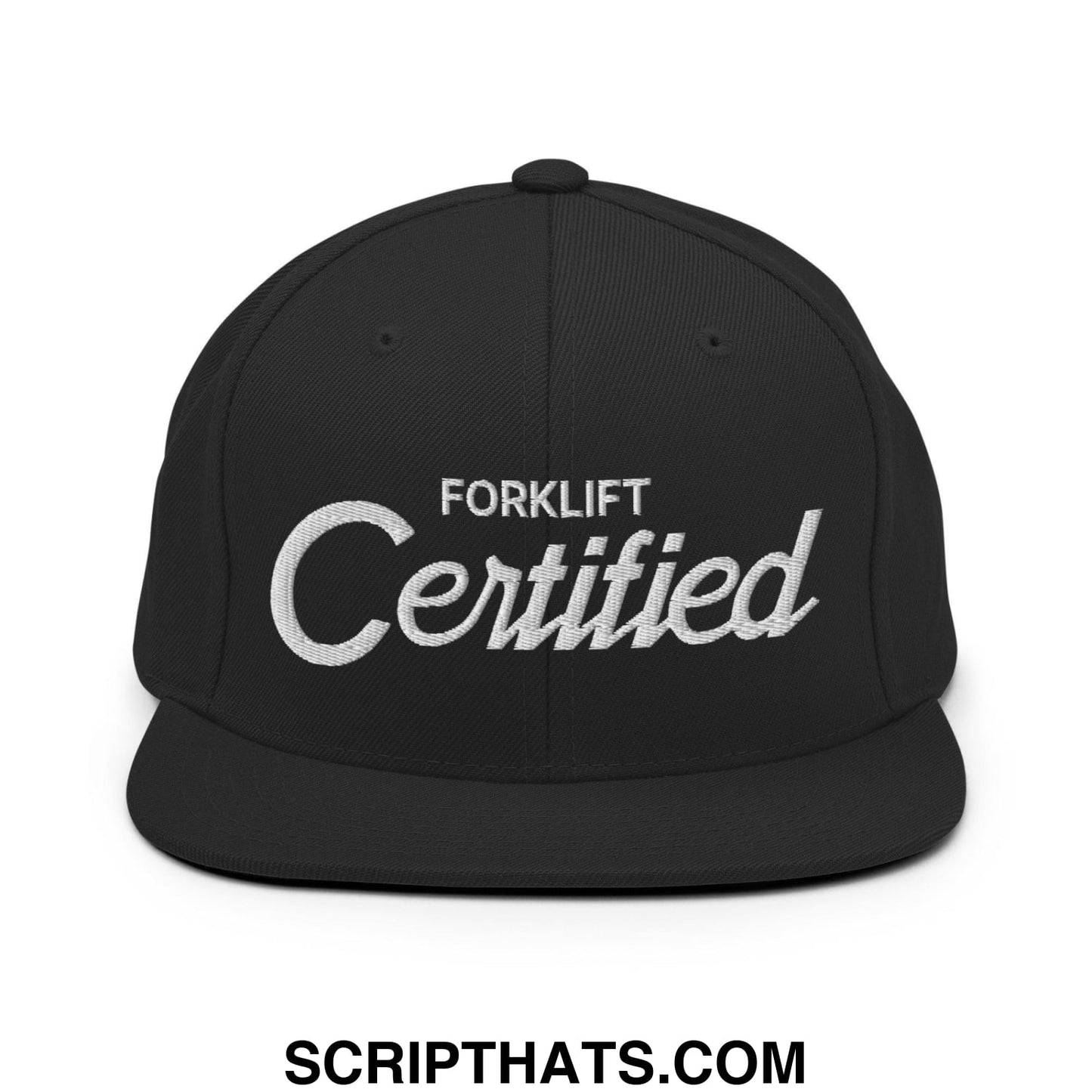Forklift Certified Vintage Sports Script Embroidered Flat Bill Brim Snapback Hat Black
