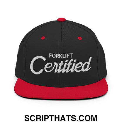 Forklift Certified Vintage Sports Script Embroidered Flat Bill Brim Snapback Hat Black Red