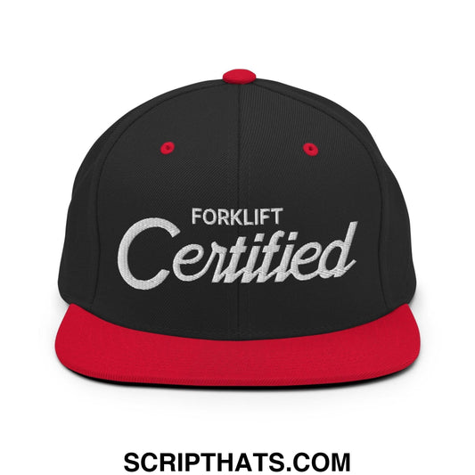 Forklift Certified Vintage Sports Script Embroidered Flat Bill Brim Snapback Hat Black Red