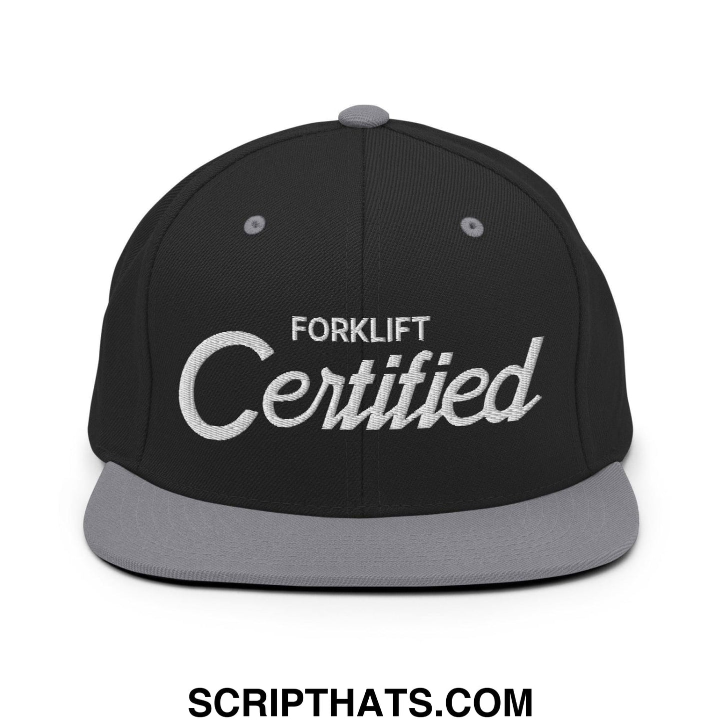 Forklift Certified Vintage Sports Script Embroidered Flat Bill Brim Snapback Hat Black Silver