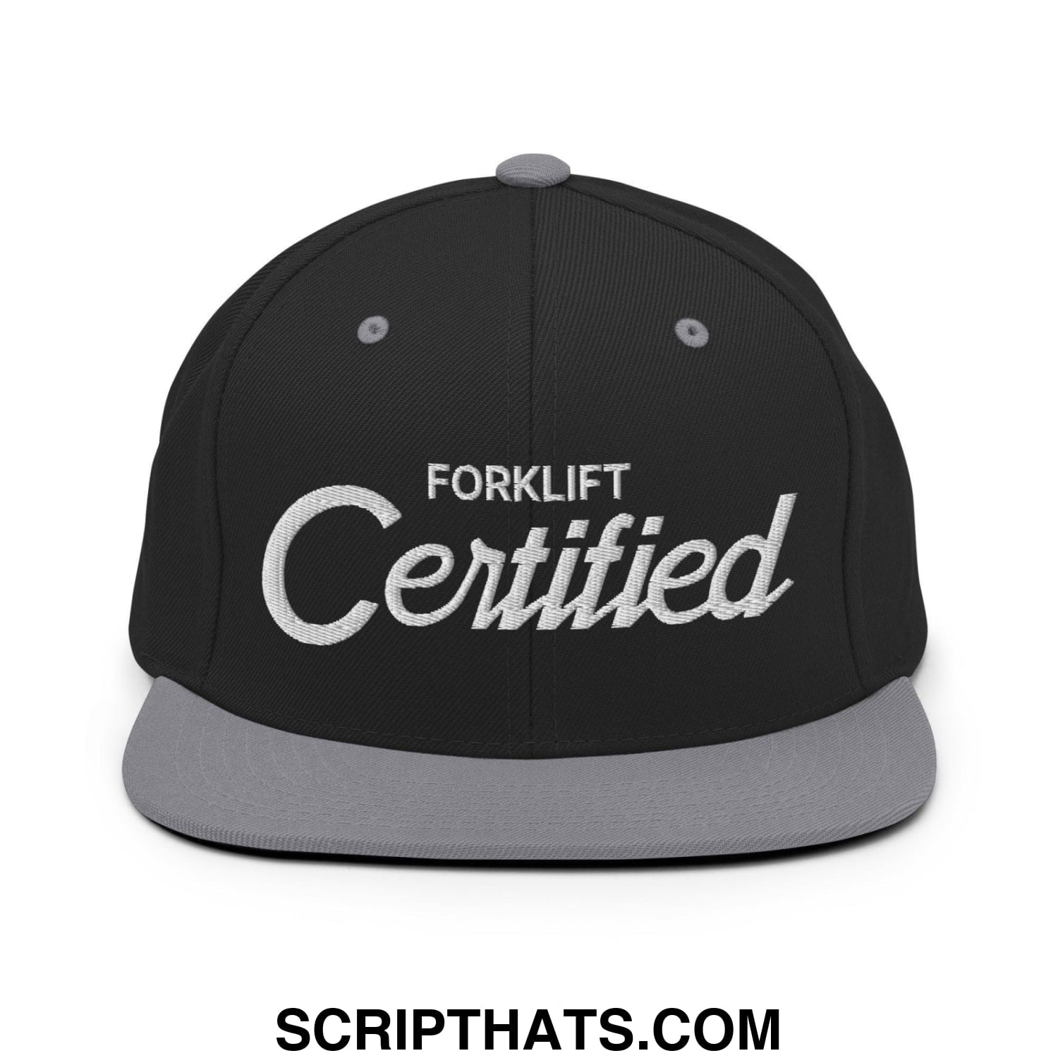 Forklift Certified Vintage Sports Script Embroidered Flat Bill Brim Snapback Hat Black Silver