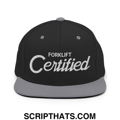 Forklift Certified Vintage Sports Script Embroidered Flat Bill Brim Snapback Hat Black Silver