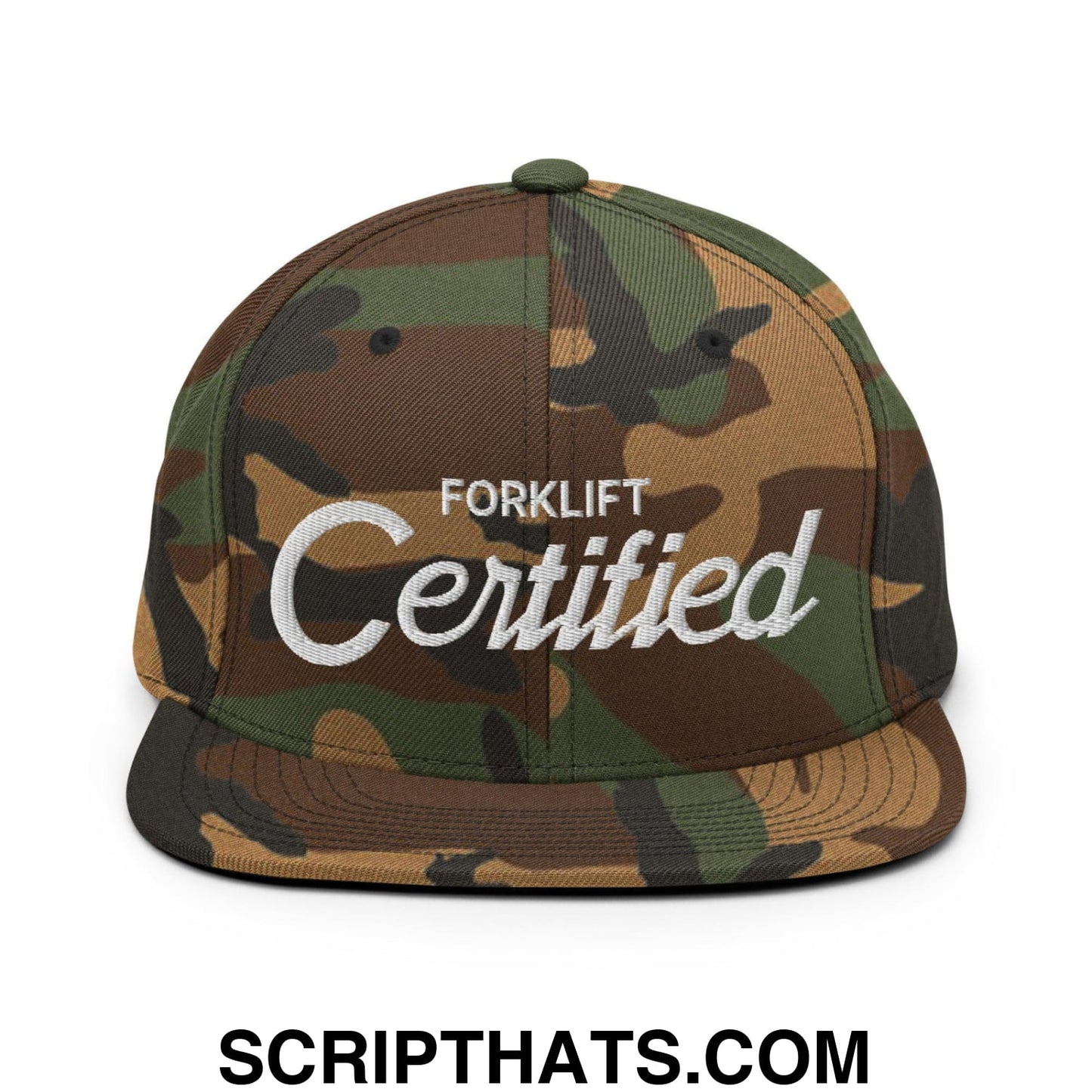 Forklift Certified Vintage Sports Script Embroidered Flat Bill Brim Snapback Hat Green Camo