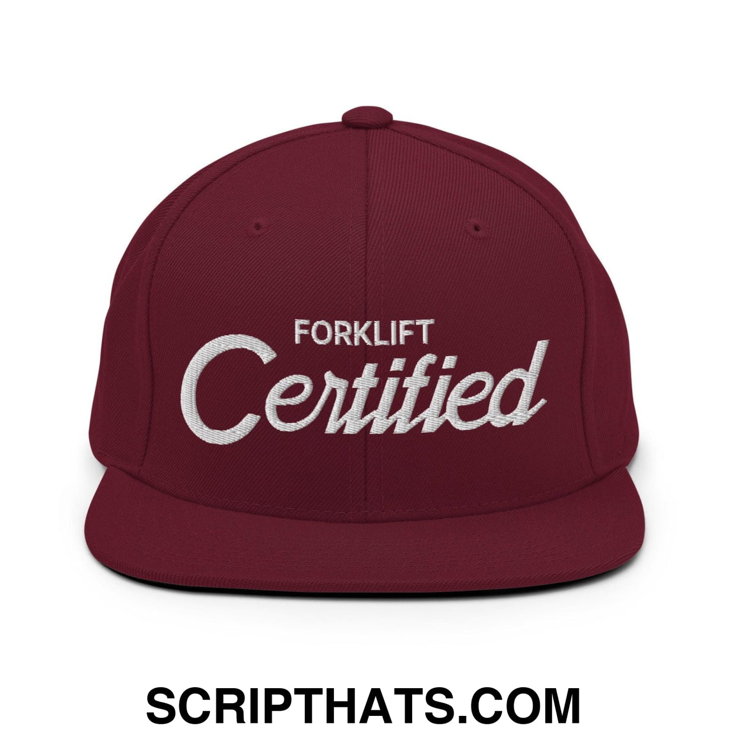Forklift Certified Vintage Sports Script Embroidered Flat Bill Brim Snapback Hat Maroon