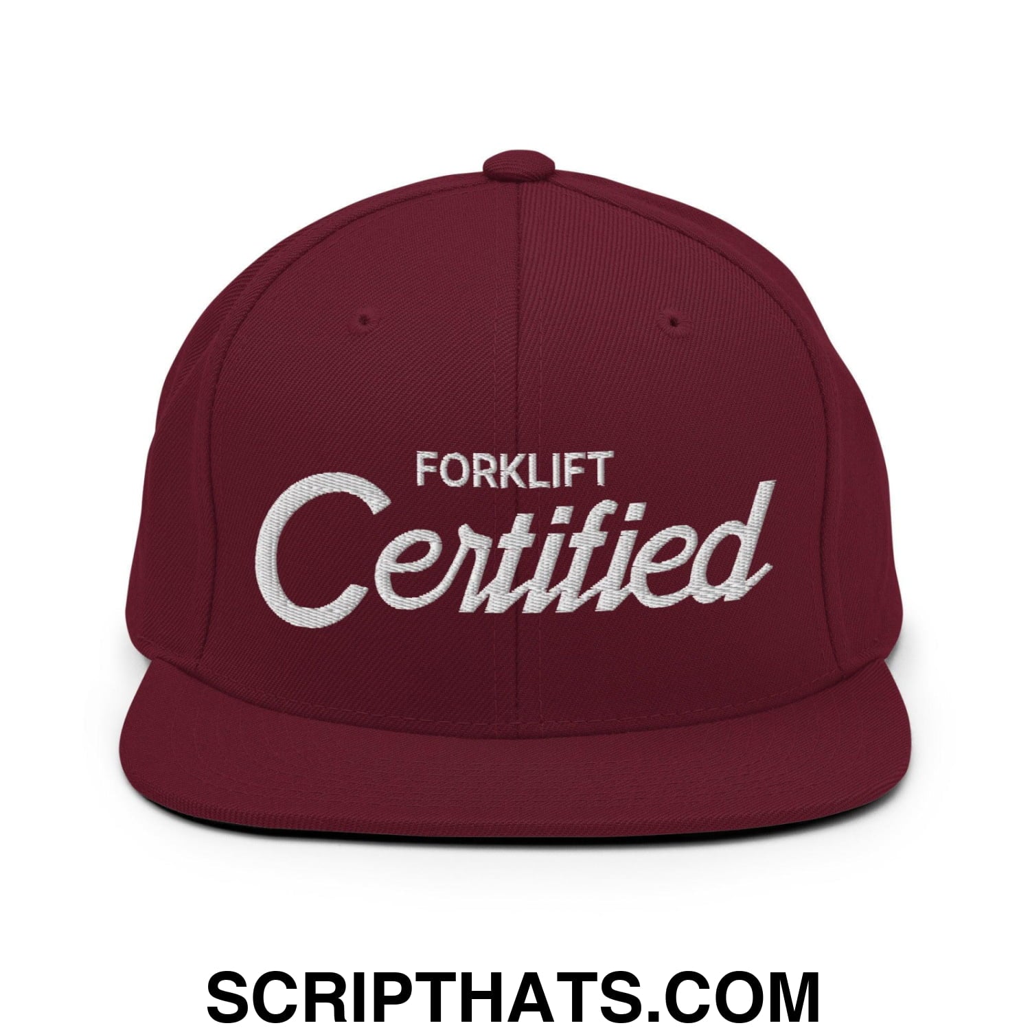 Forklift Certified Vintage Sports Script Embroidered Flat Bill Brim Snapback Hat Maroon