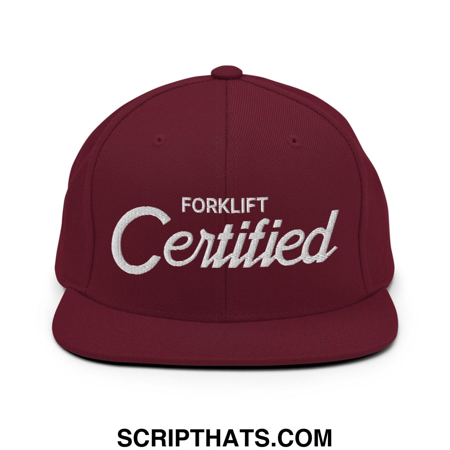Forklift Certified Vintage Sports Script Embroidered Flat Bill Brim Snapback Hat Maroon