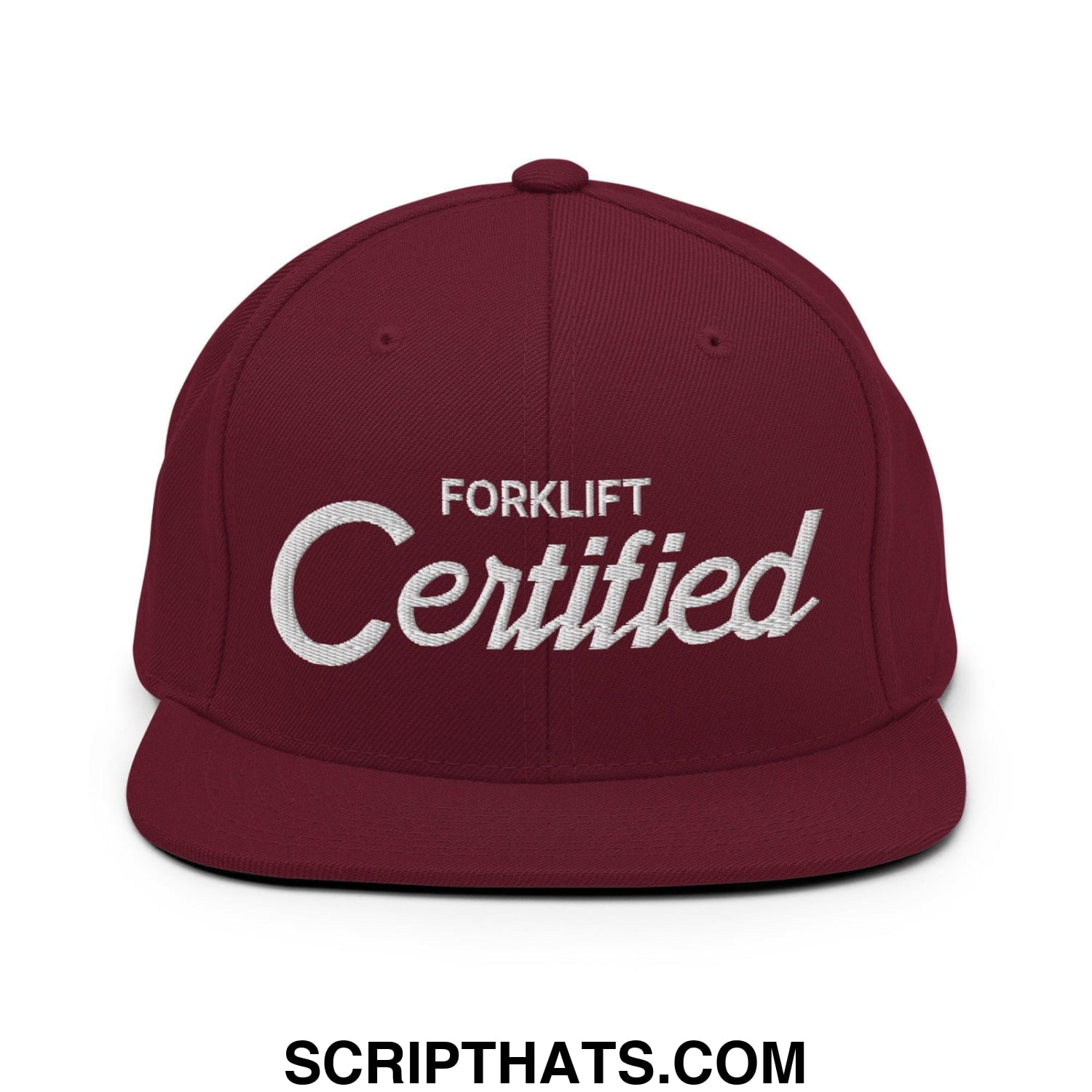 Forklift Certified Vintage Sports Script Embroidered Flat Bill Brim Snapback Hat Maroon