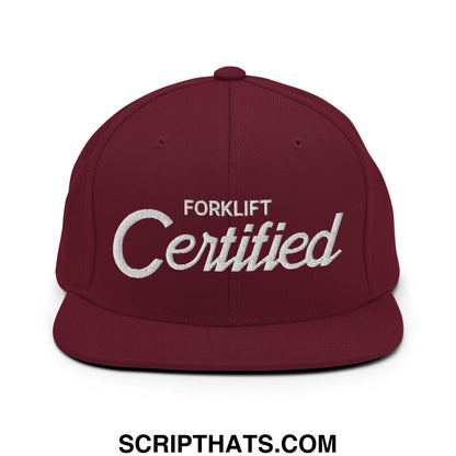 Forklift Certified Vintage Sports Script Embroidered Flat Bill Brim Snapback Hat Maroon