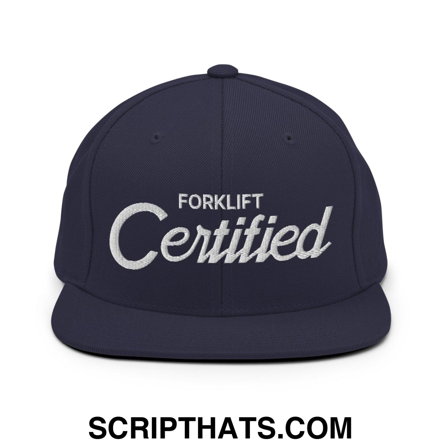 Forklift Certified Vintage Sports Script Embroidered Flat Bill Brim Snapback Hat Navy