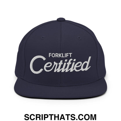 Forklift Certified Vintage Sports Script Embroidered Flat Bill Brim Snapback Hat Navy