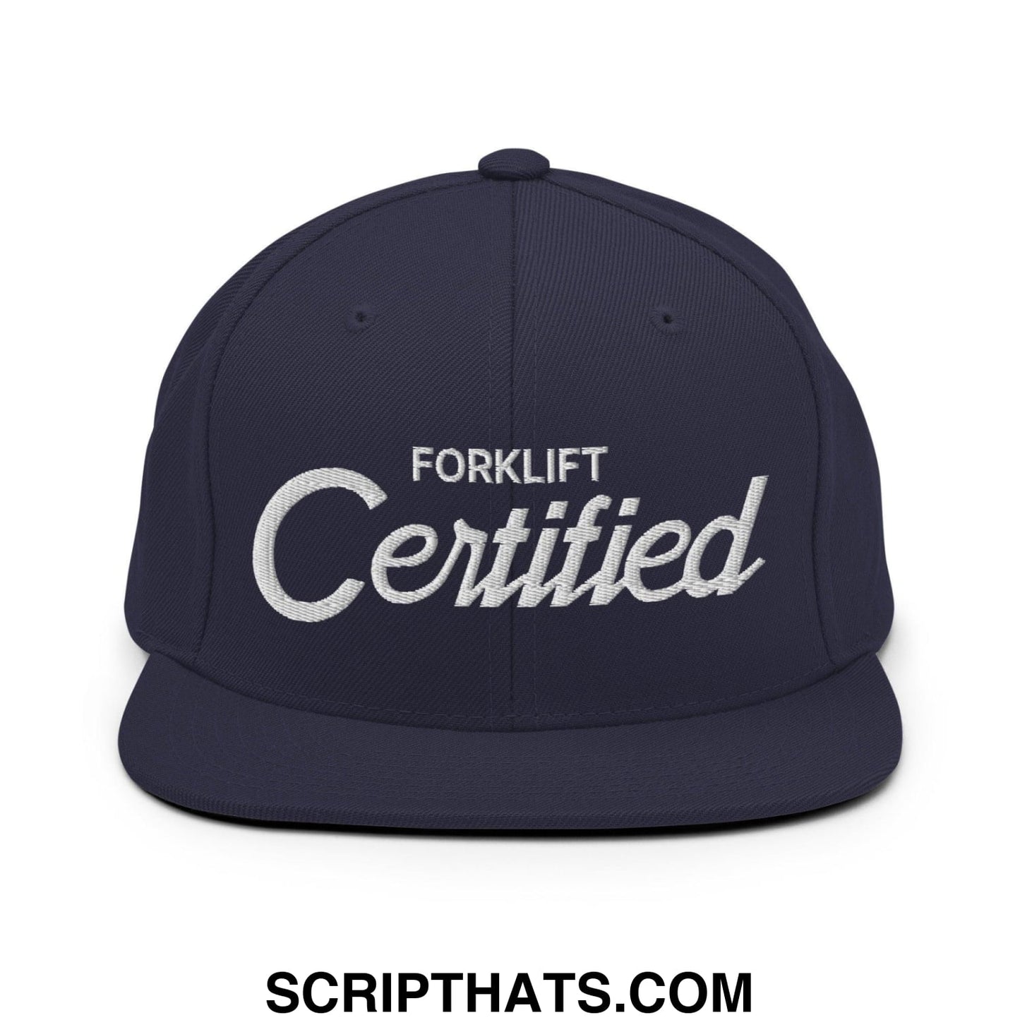 Forklift Certified Vintage Sports Script Embroidered Flat Bill Brim Snapback Hat Navy