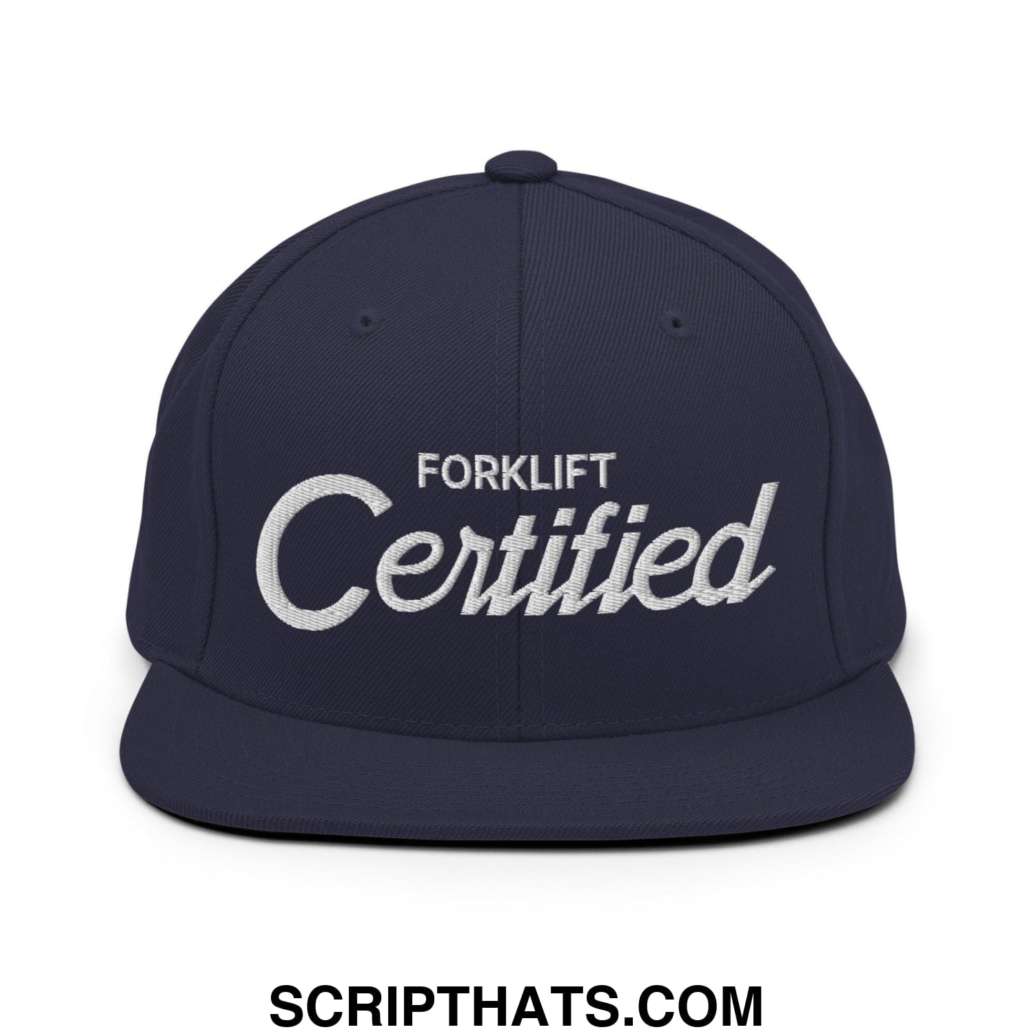Forklift Certified Vintage Sports Script Embroidered Flat Bill Brim Snapback Hat Navy