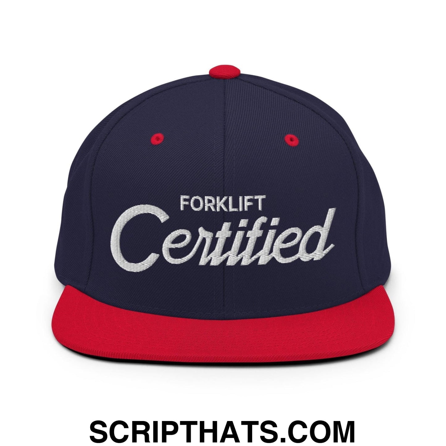 Forklift Certified Vintage Sports Script Embroidered Flat Bill Brim Snapback Hat Navy Red