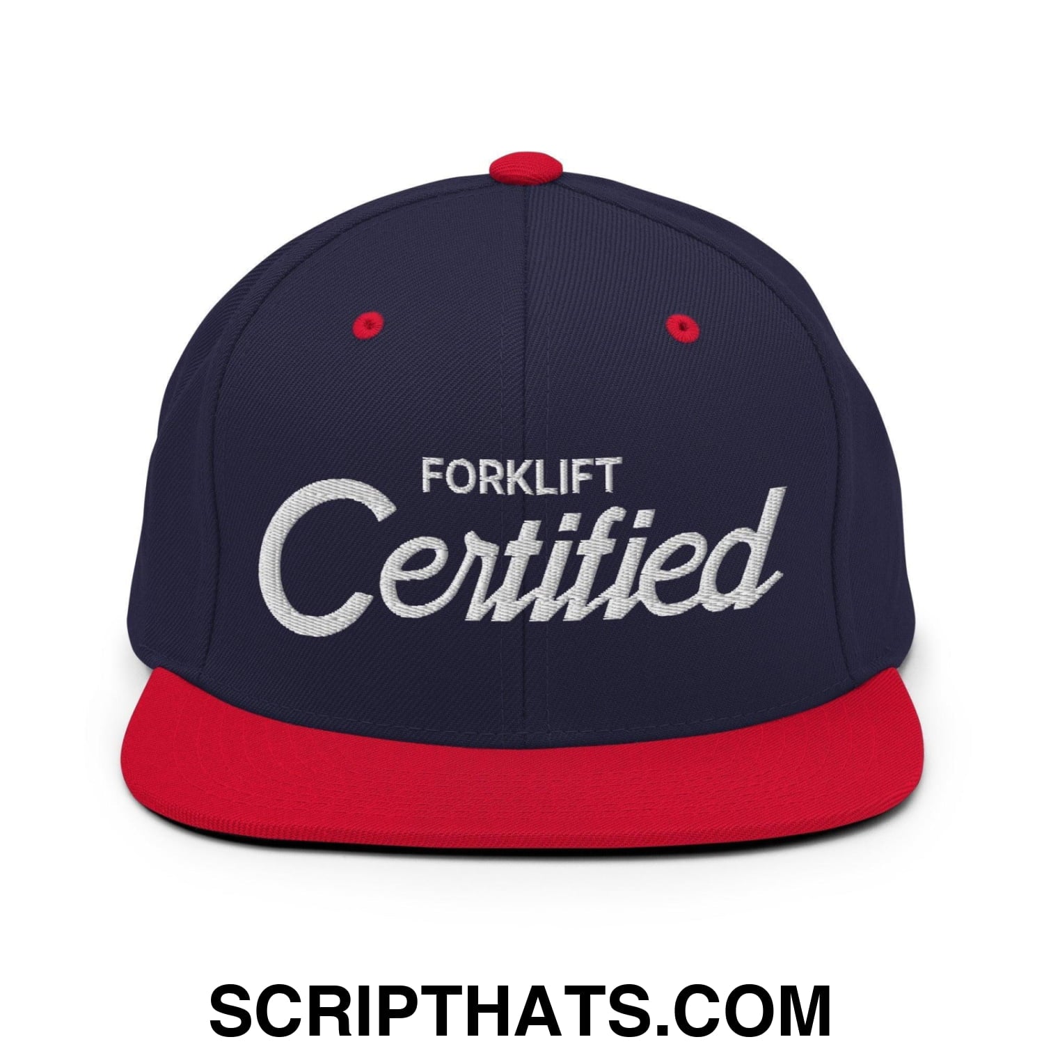 Forklift Certified Vintage Sports Script Embroidered Flat Bill Brim Snapback Hat Navy Red