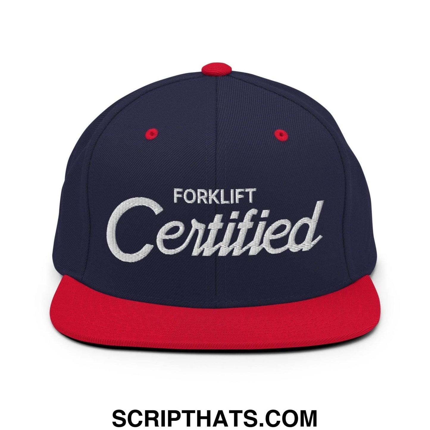 Forklift Certified Vintage Sports Script Embroidered Flat Bill Brim Snapback Hat Navy Red
