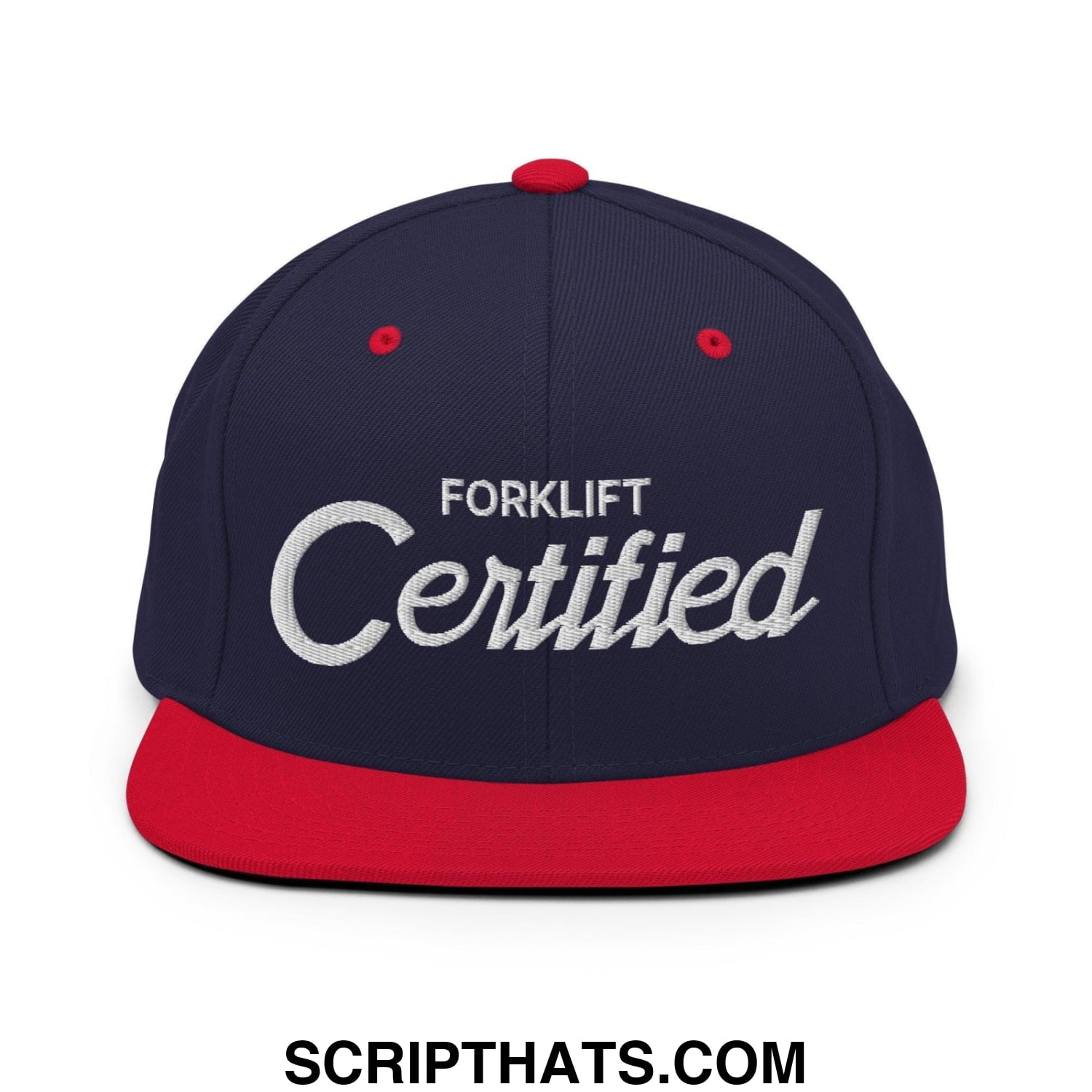Forklift Certified Vintage Sports Script Embroidered Flat Bill Brim Snapback Hat Navy Red
